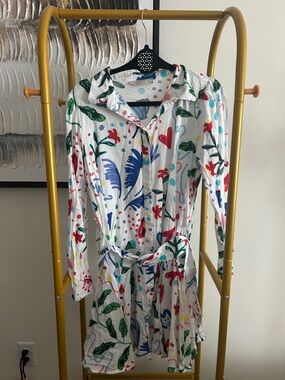 LOFT White Long-Sleeve Floral Shirt Dress with Belt